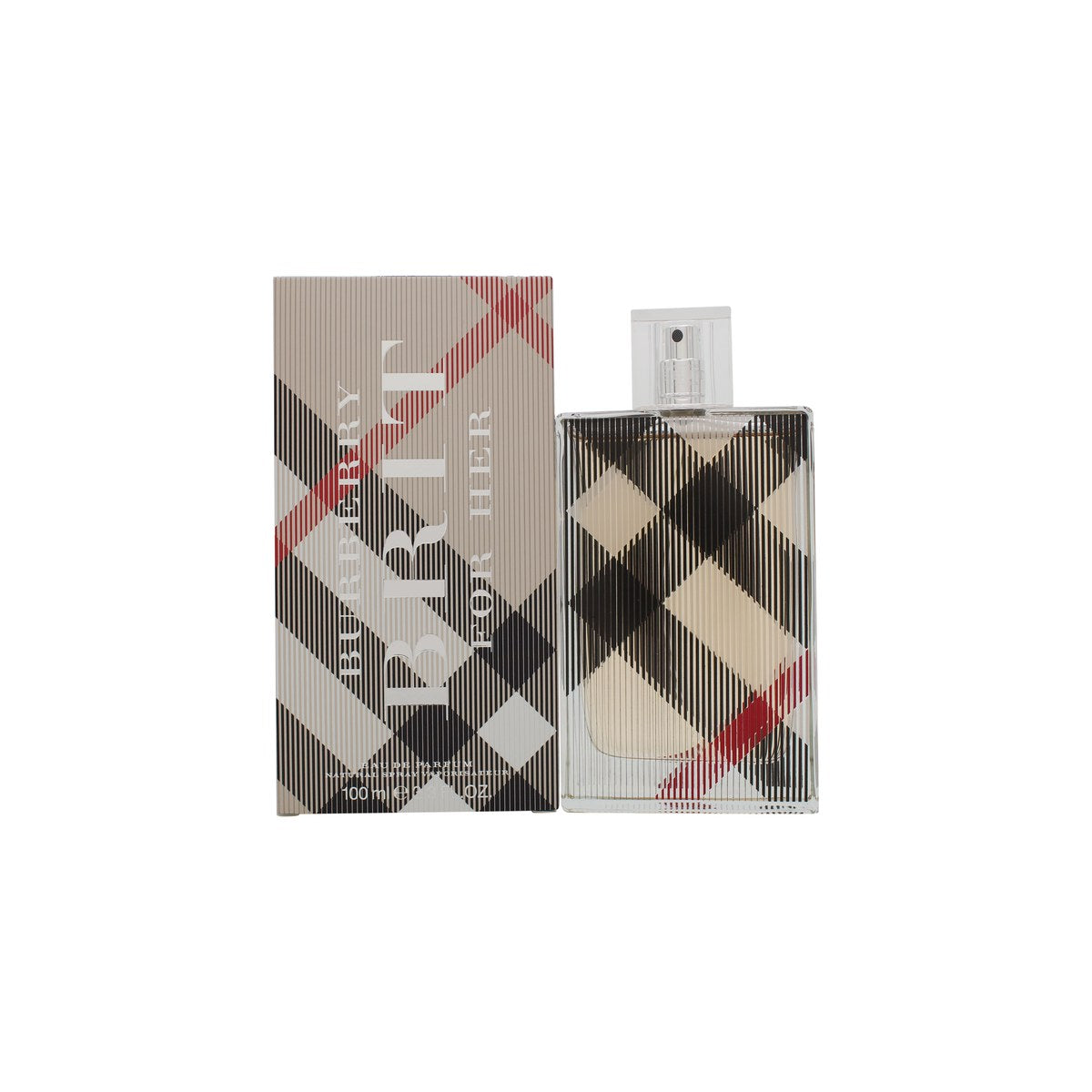 Burberry Brit Woman Eau de Parfum 100ml, Burberry – rektangulær glasflakon med beige tern og sølvfarvet låg