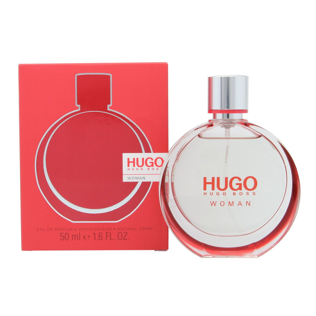 Hugo Woman Eau De Parfum Hugo Boss 50 ml, klar rund glasflaske med sølvtop og rød logo, minimalistisk urbant design.