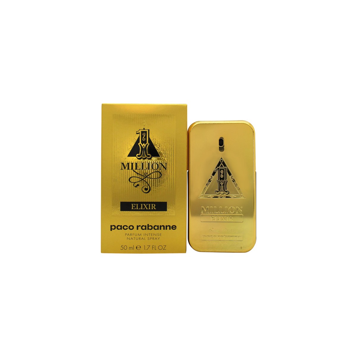 Paco Rabanne 1 Million Elixir Parfum Intense 50 ml – guldfarvet flakon formet som barre med sort frontplade og logo i relief