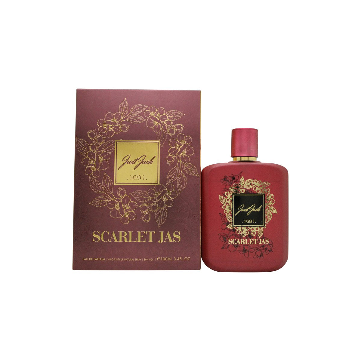Just Jack Scarlet Jas Eau de Parfum, Just Jack, 100 ml – rød firkantet glasflaske med guldfarvet låg og minimalistisk etiket.