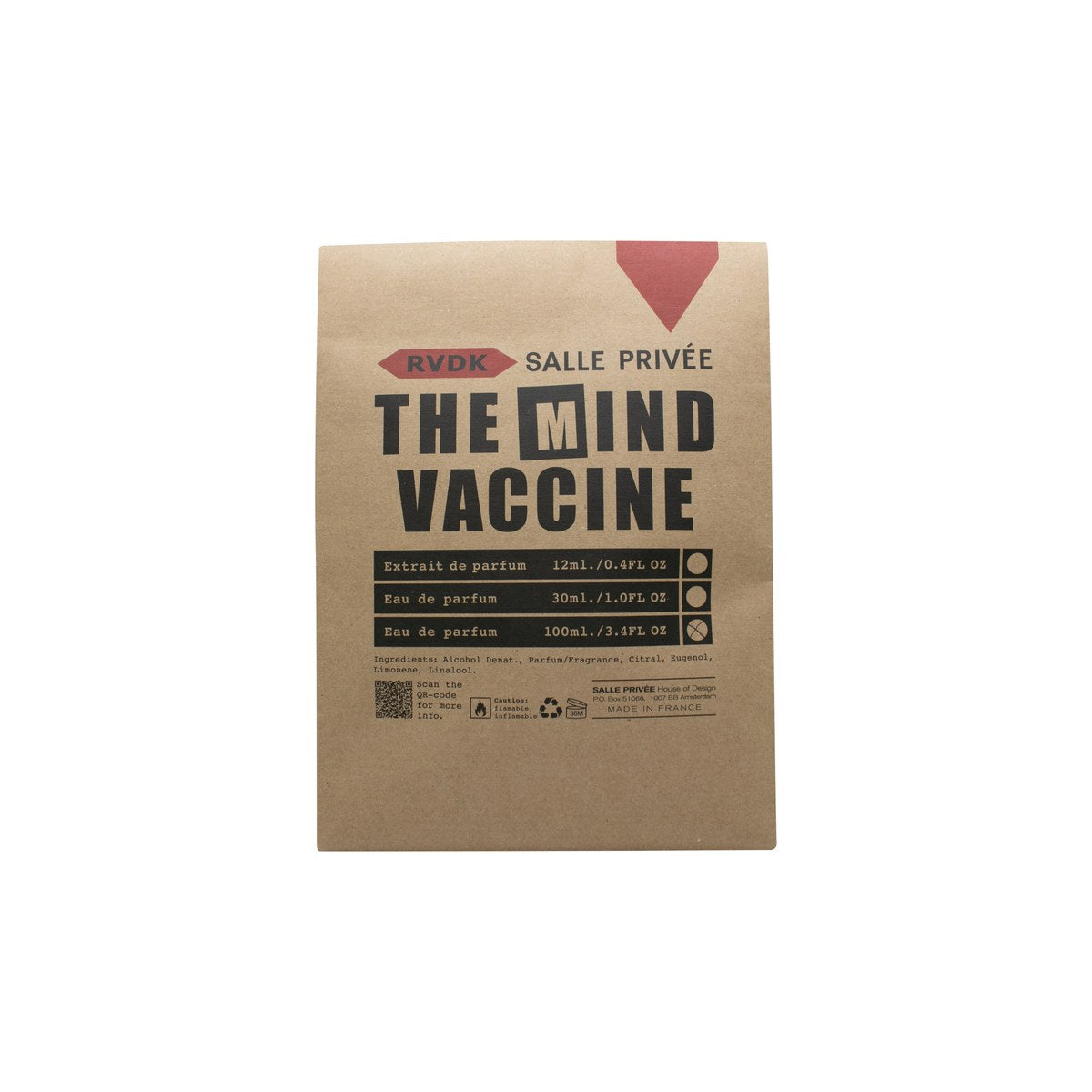 Salle Privée x RVDK The Mind Vaccine Eau de Parfum 100 ml, klar glasflakon med sort låg og minimalistisk etiket