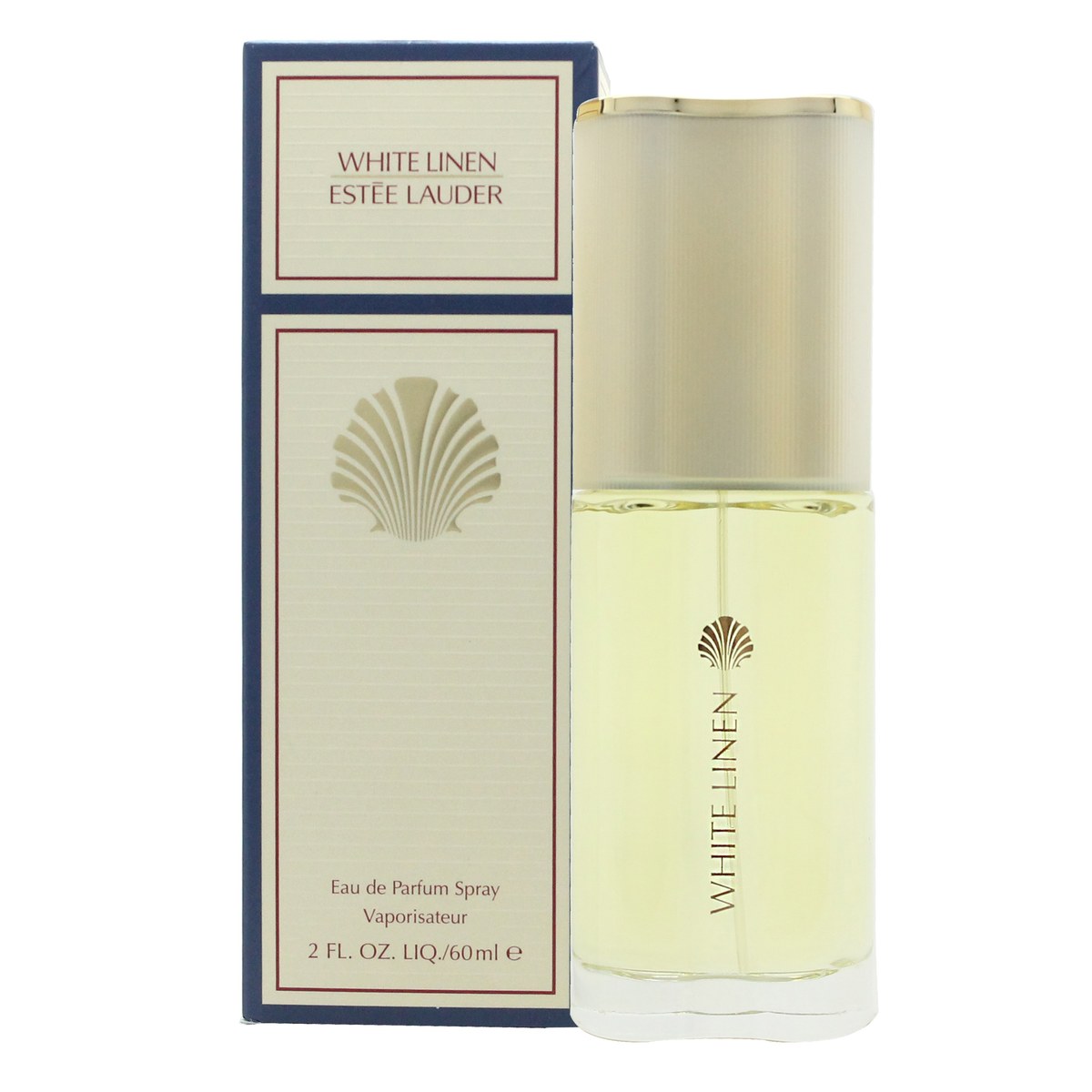Estee Lauder White Linen Eau de Parfum 60ml fra Estée Lauder, klar rektangulær glasflaske med gulddetaljer og hvid emballage.