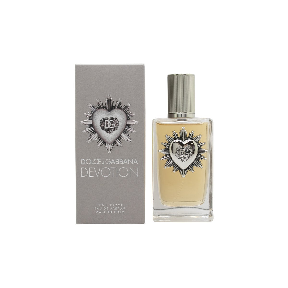 Devotion Pour Homme Parfum Eau De Parfum Dolce & Gabbana 100 ml, klar glasflaske med Sacred Heart-emblem og sølvfarvet låg