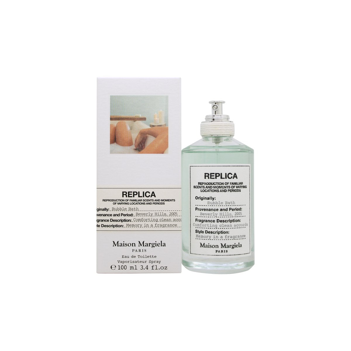 Maison Margiela Replica Bubble Bath Eau de Toilette 100 ml – klar rektangulær glasflaske med hvid etiket og sølvfarvet låg