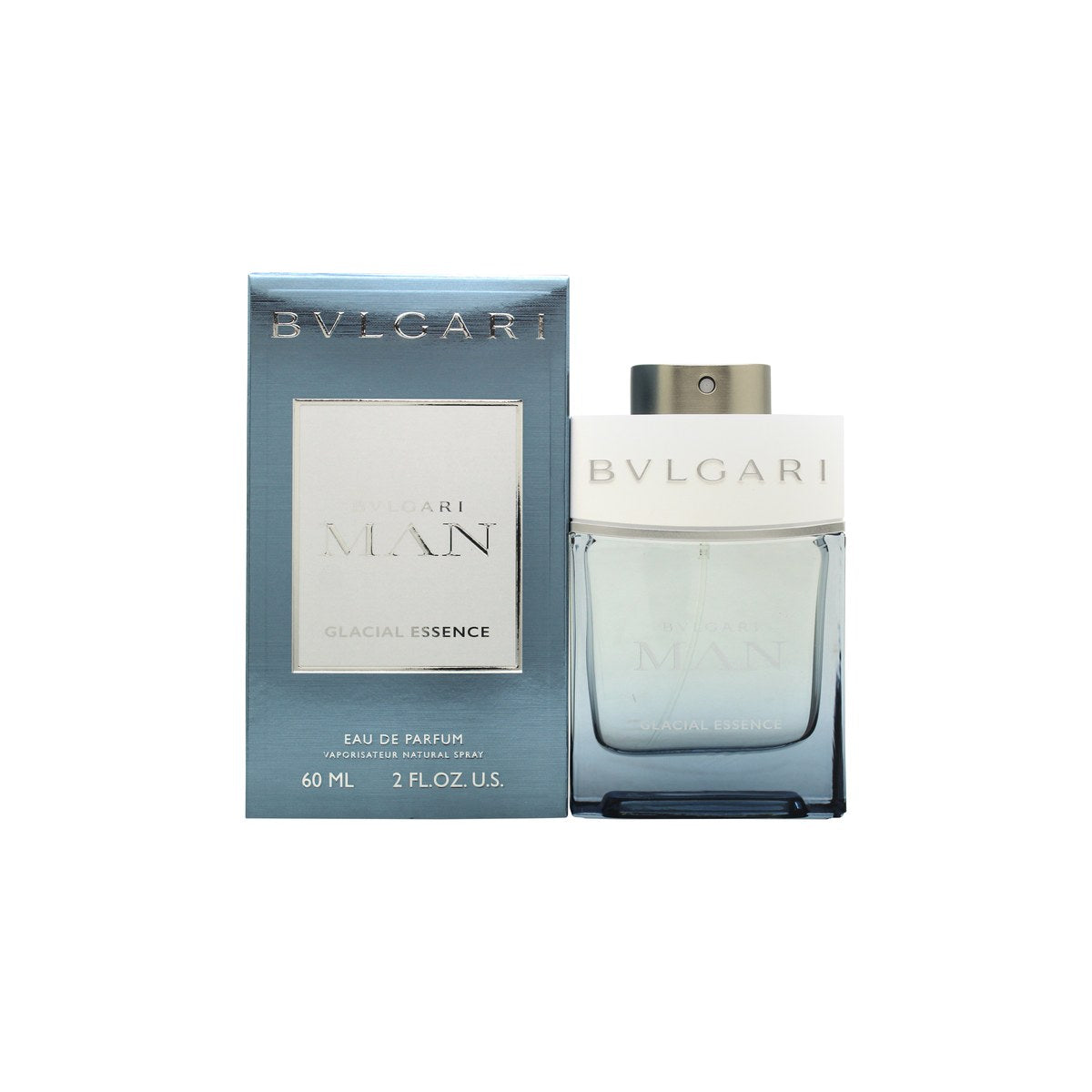 Bvlgari Man Glacial Essence Eau De Parfum, Bvlgari, 60 ml – høj rektangulær flaske i frostet blåglas med sølvfarvet låg