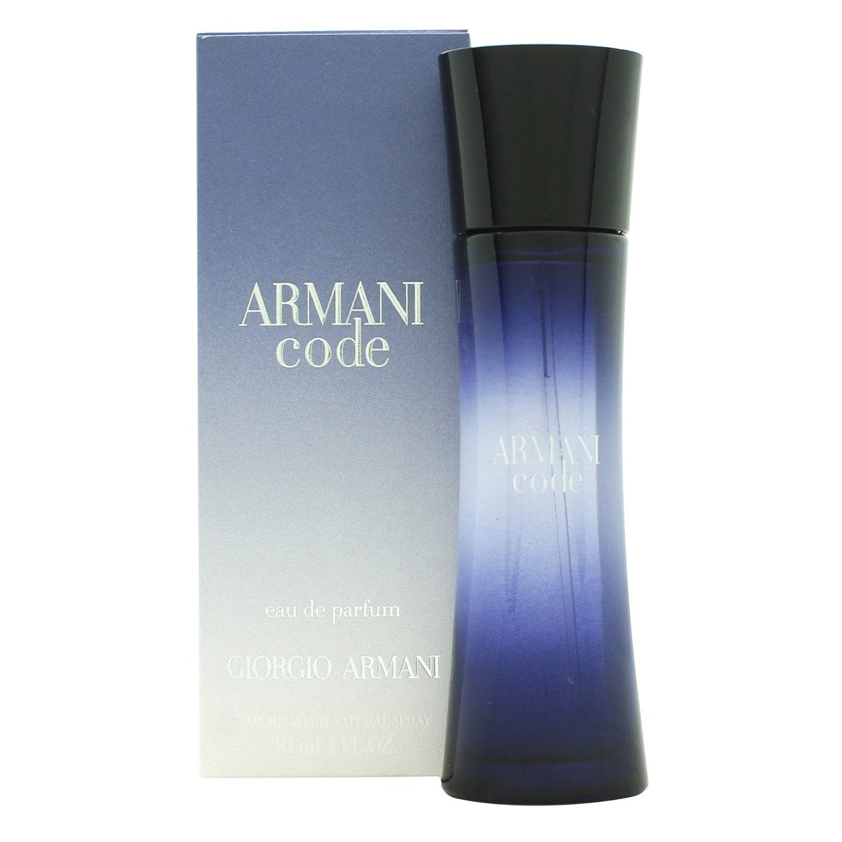 Giorgio Armani Code Eau de Parfum 30 ml, Giorgio Armani – mørkeblå buet glasflaske med sort hætte og minimalistisk design.