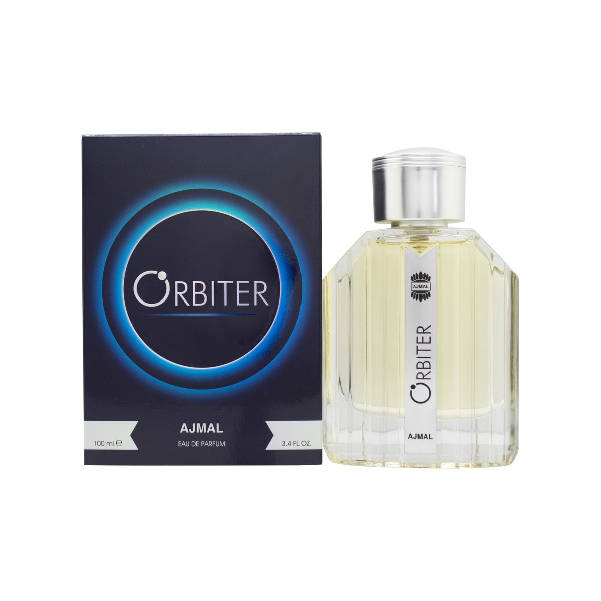 Ajmal Orbiter Eau De Parfum 100 ml fra Ajmal, mørkeblå rektangulær flakon med sølvfarvet låg og skarpe kanter