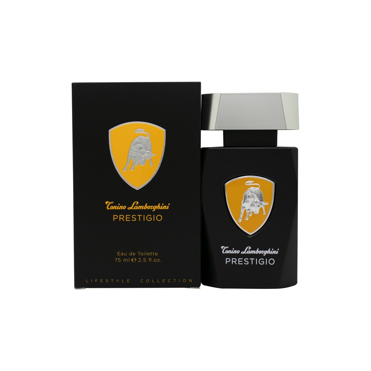 Lamborghini Prestigio Eau de Toilette 75 ml, Lamborghini – sort, kantet glasflaske med sølvlogo og sølvfarvet låg