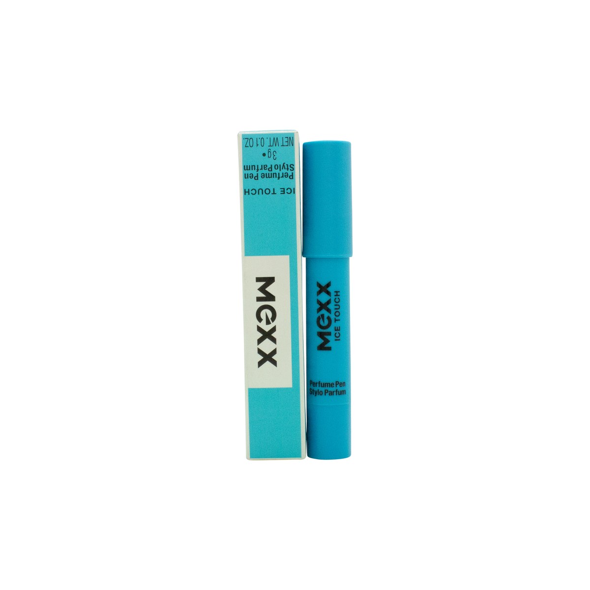 Mexx Ice Touch Women Perfume Pen, Mexx, 3 ml – slank lyseblå penflaske med sølvfarvet drejebund og klart låg