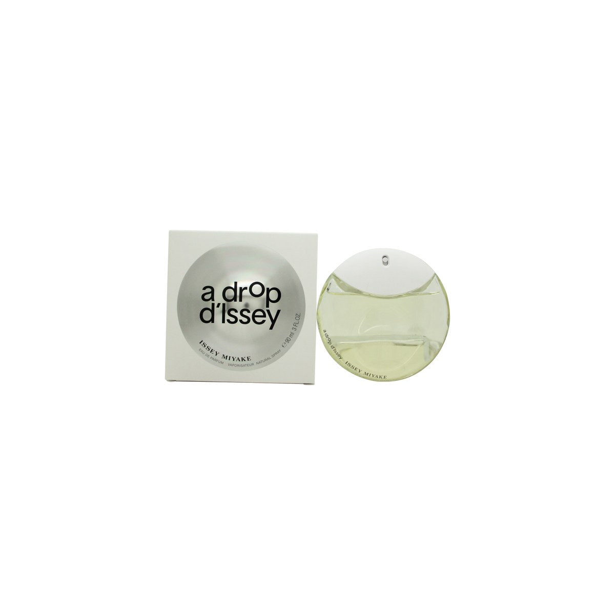 A Drop D'Issey Eau De Parfum, Issey Miyake, 90 ml – rund dråbeformet glasflaske med blågrøn gradient og hvid hætte