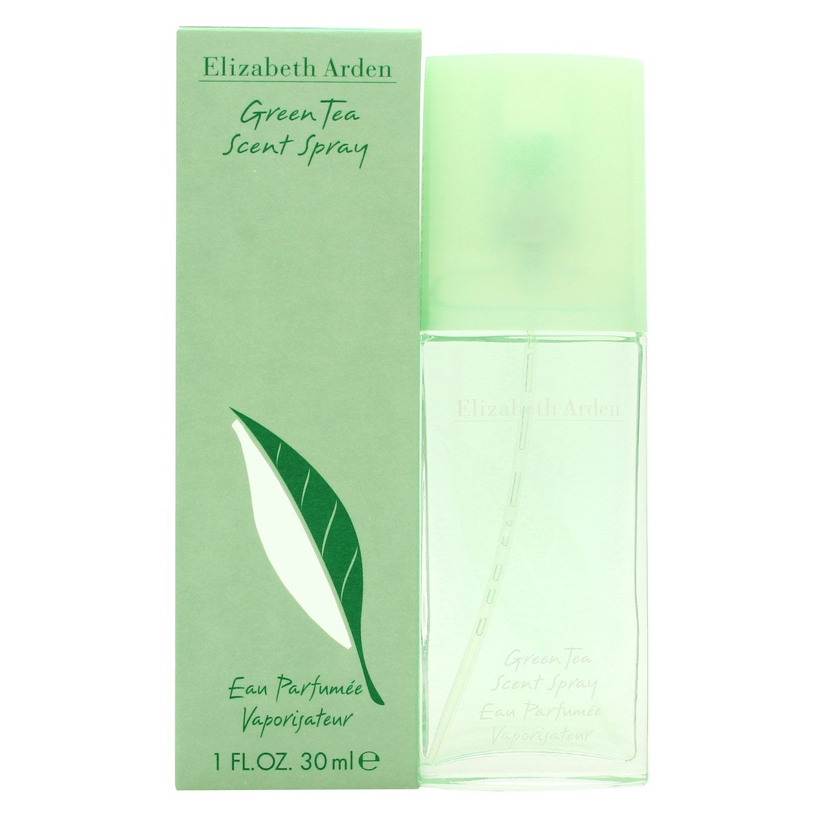 Elizabeth Arden Green Tea Scent Eau de Parfum 30 ml i klar, lysegrøn glasflaske med sølvfarvet låg og enkelt bladmønster