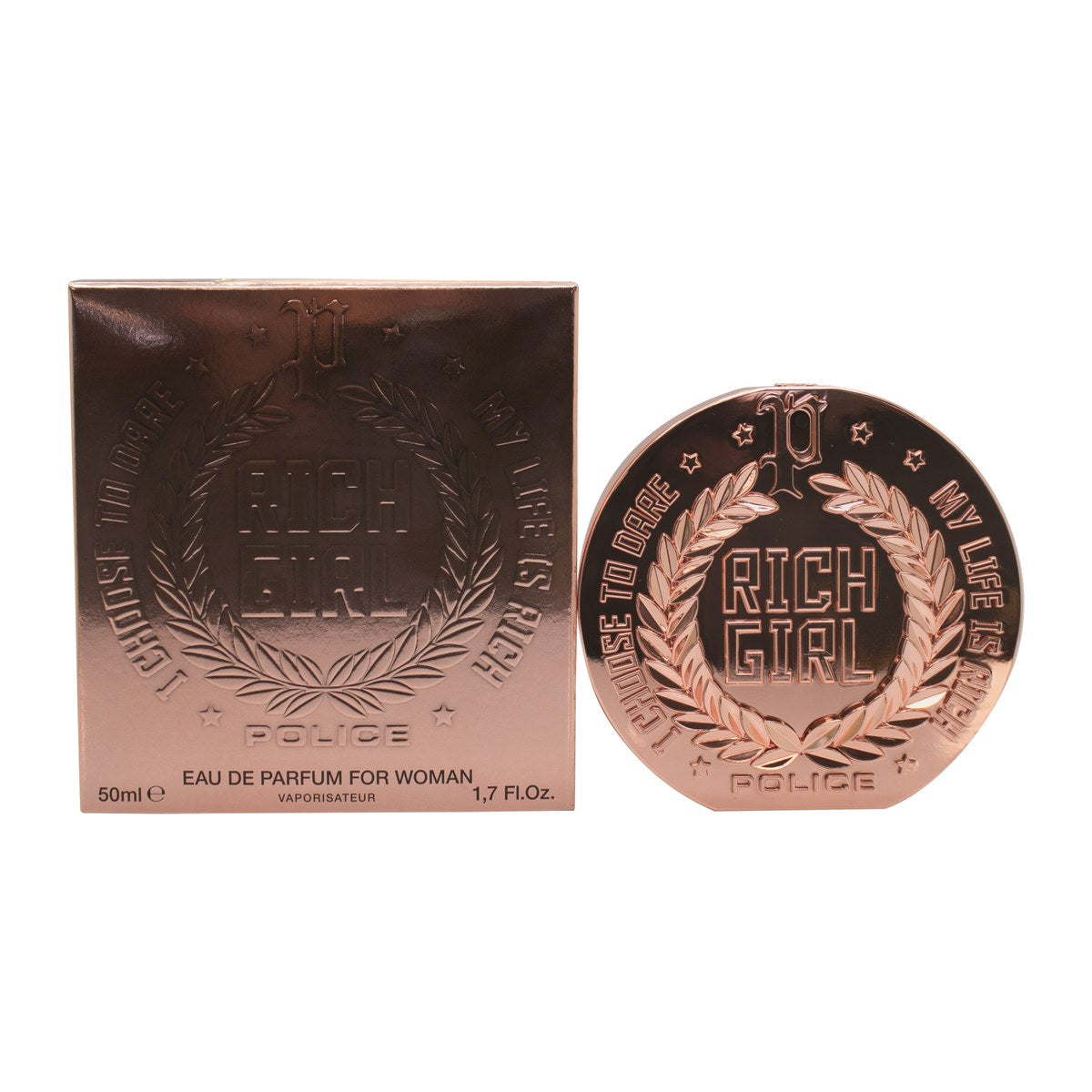 Police Rich Girl Eau de Toilette 50 ml – rosa, hjerteformet glasflakon med sølvkæde og lilla logo, feminin og legende design.