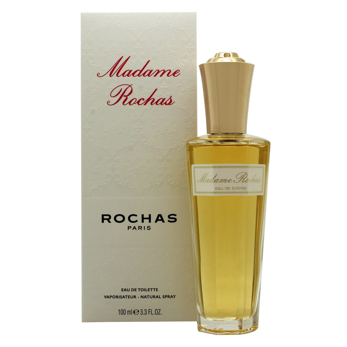 Madame Rochas Eau De Toilette Rochas 100 ml klar glasflaske med bløde kanter, gyldent låg og lys ravfarvet indhold