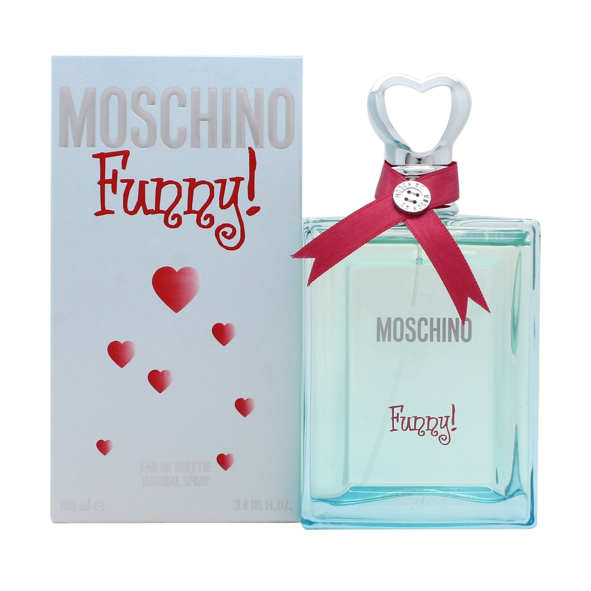 Funny Eau De Toilette Moschino 100 ml, klar glasflaske med rund form, sølv hjerteformet låg og fuchsia bånd ved halsen