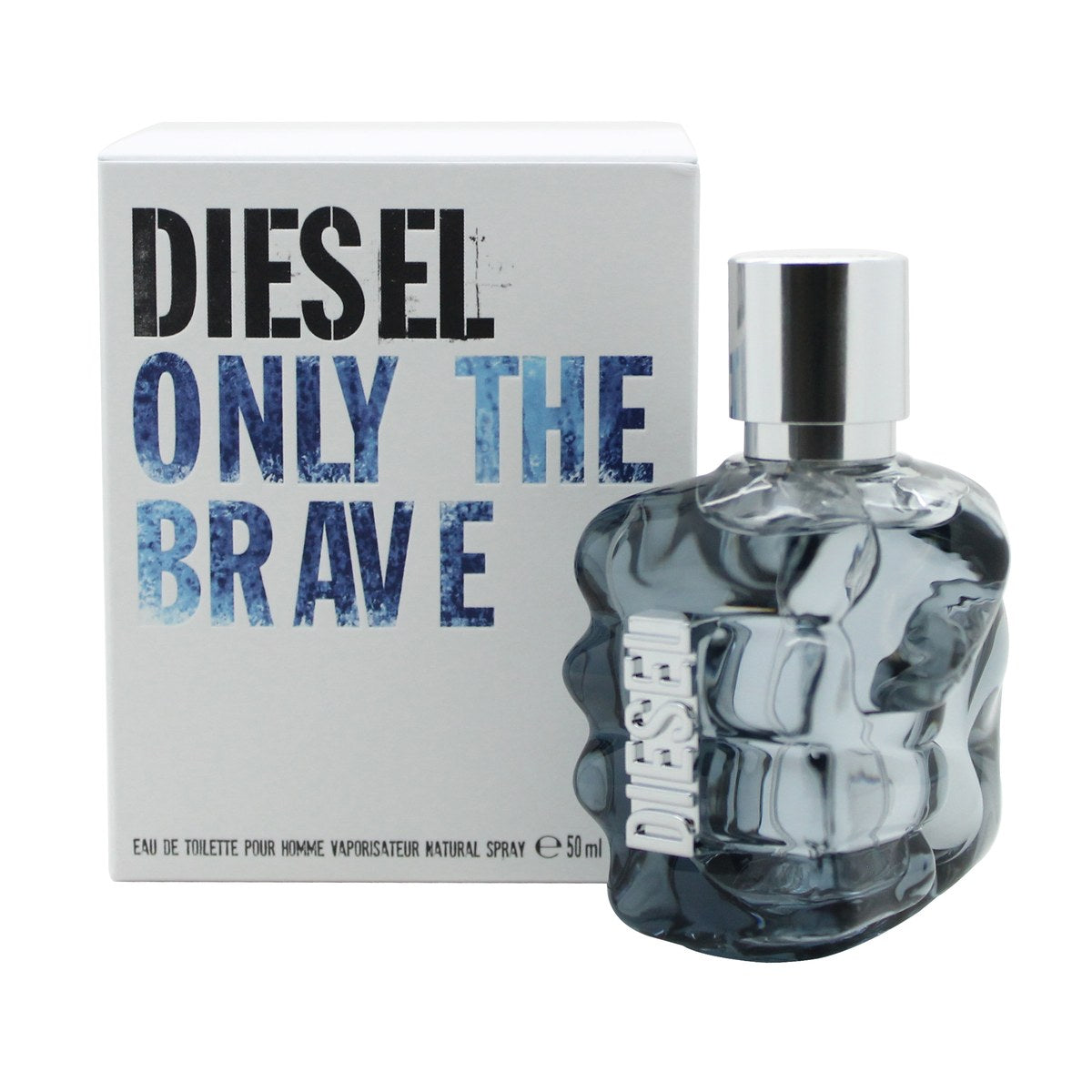 Diesel Only The Brave Eau de Toilette, Diesel, 50 ml – blå knytnæveformet glasflaske med sølvlogo og maskulint design.