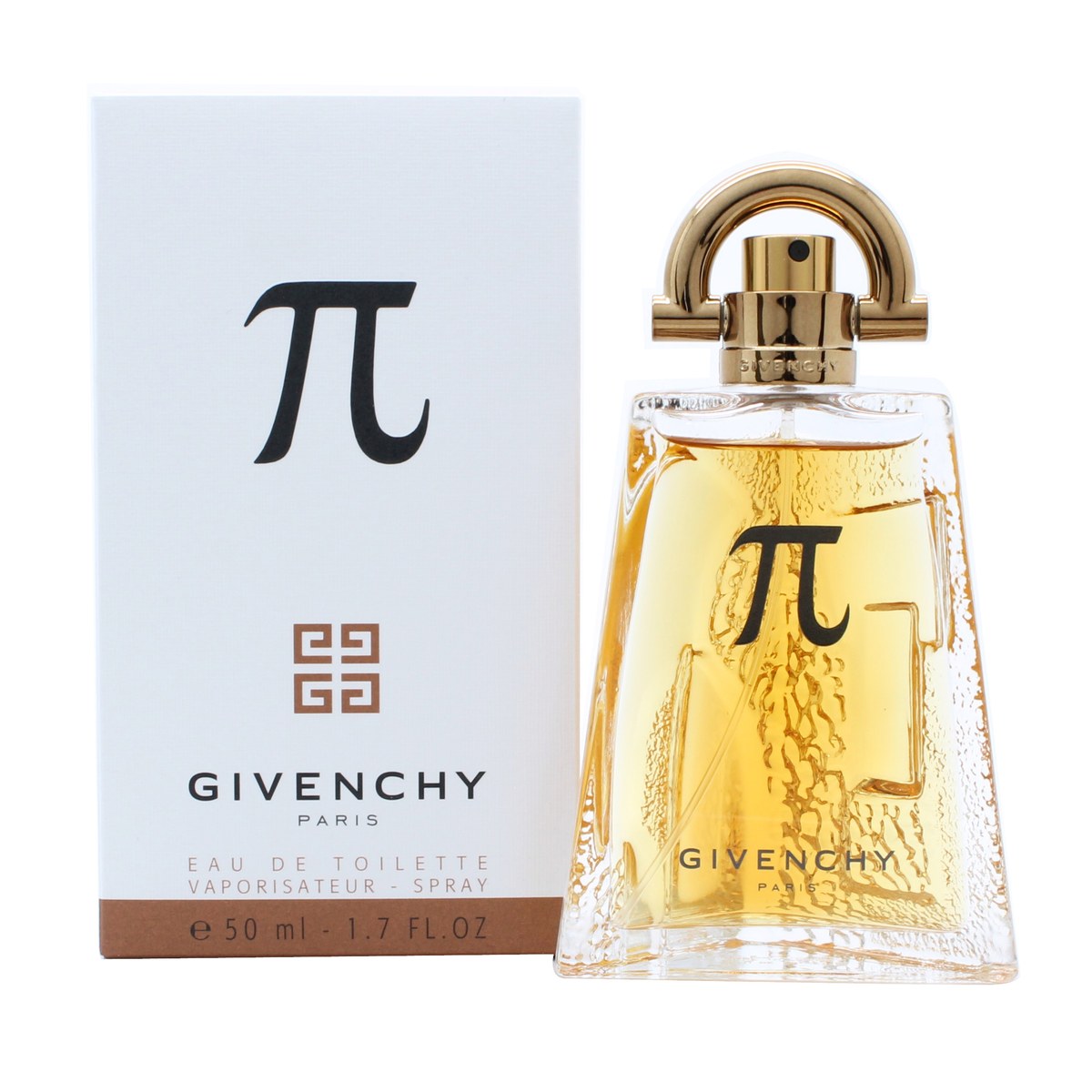 Pi Eau De Toilette Givenchy 50 ml klar glasflaske med ravfarvet indhold og sølvfarvet metalprop