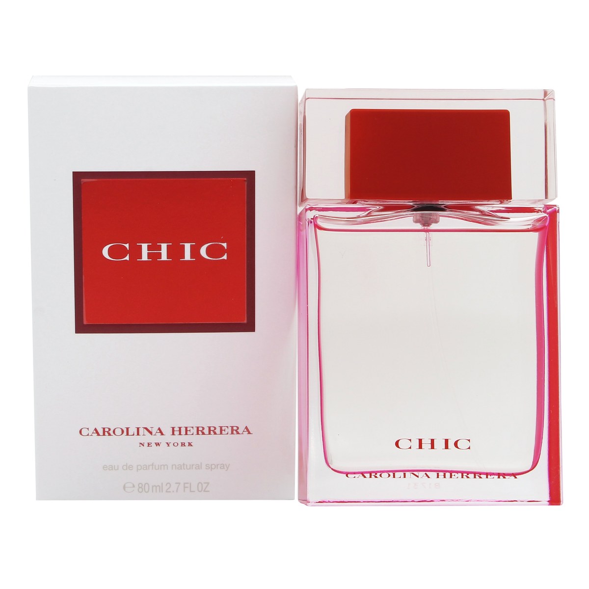 Carolina Herrera Chic Eau de Parfum 80 ml – lyserød rektangulær glasflaske med sølv spraytop og rødt Chic-logo