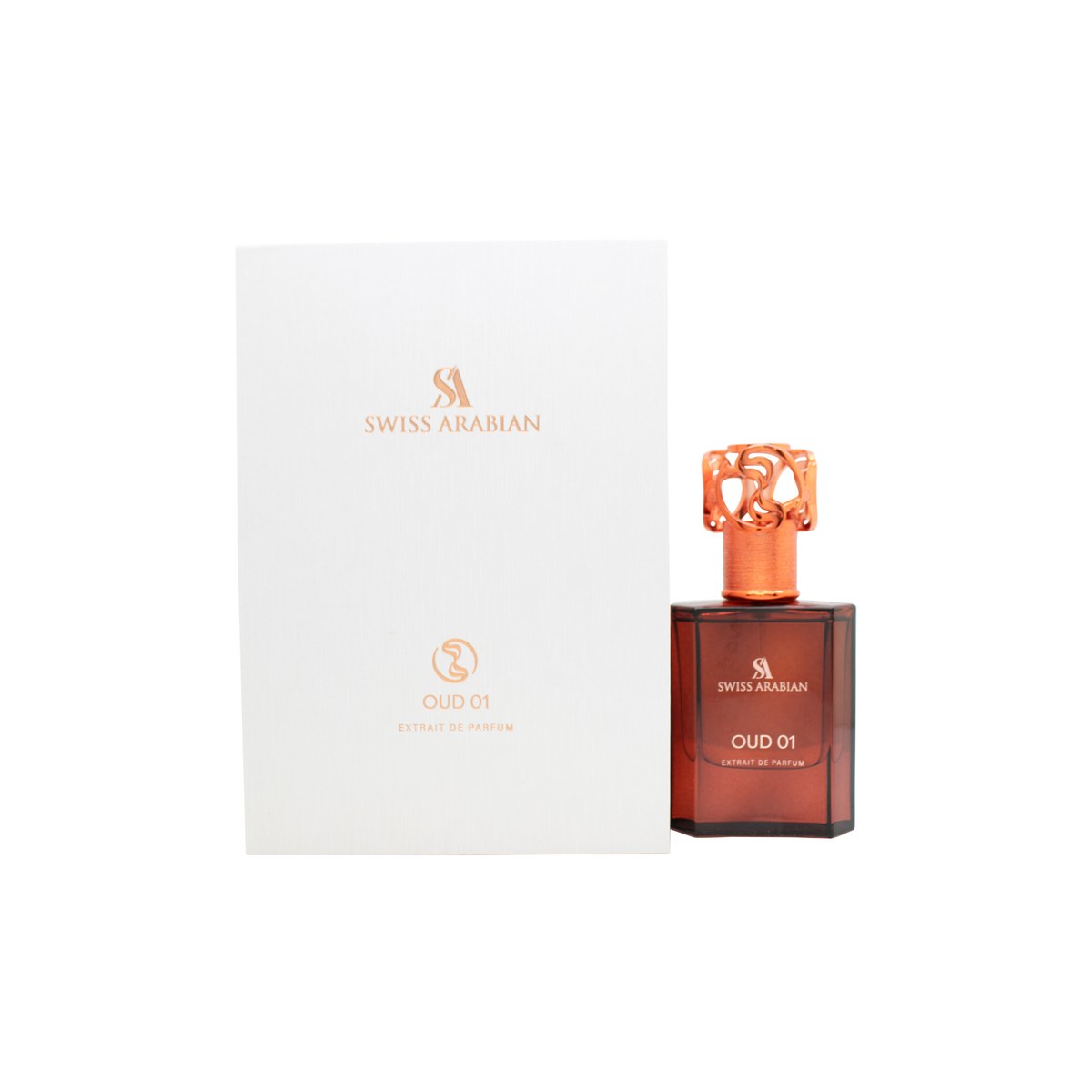 Swiss Arabian Oud 01 Eau de Parfum 50 ml fra Swiss Arabian – firkantet guldfarvet flakon med sort etiket og kantet låg