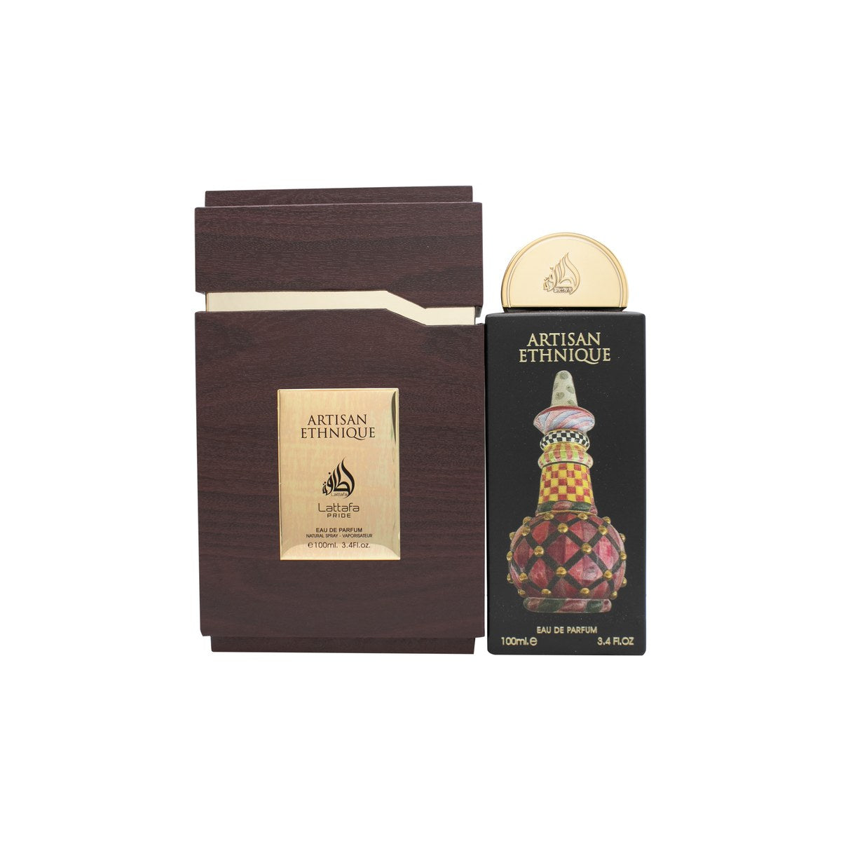 Lattafa Artisan Ethnique Eau de Parfum 100 ml, Lattafa – ravfarvet firkantet glasflaske med gyldent mønster og mørkt låg.