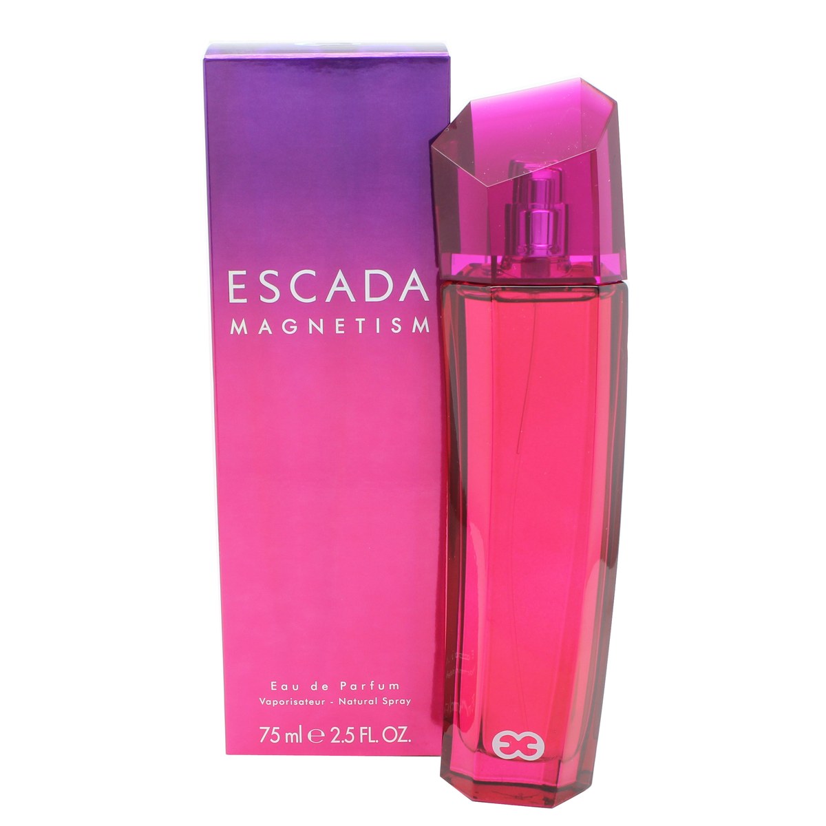 Magnetism Eau De Parfum Escada 75 ml fuchsiafarvet facetteret glasflaske med sort låg og elegant, feminin form