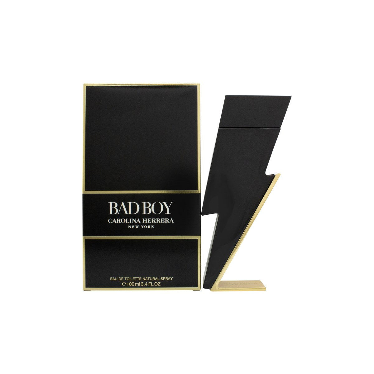 Bad Boy Eau De Toilette Carolina Herrera 100 ml, sort lynformet flaske med blank overflade og skarpt, moderne design