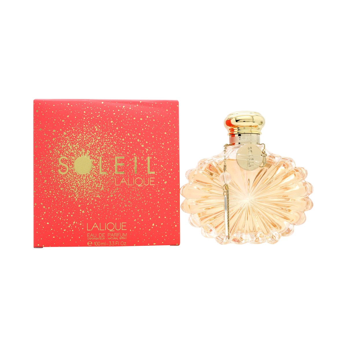 Lalique Soleil Eau de Parfum 100 ml, Lalique – rund ravfarvet flakon med gyldent solformet låg.