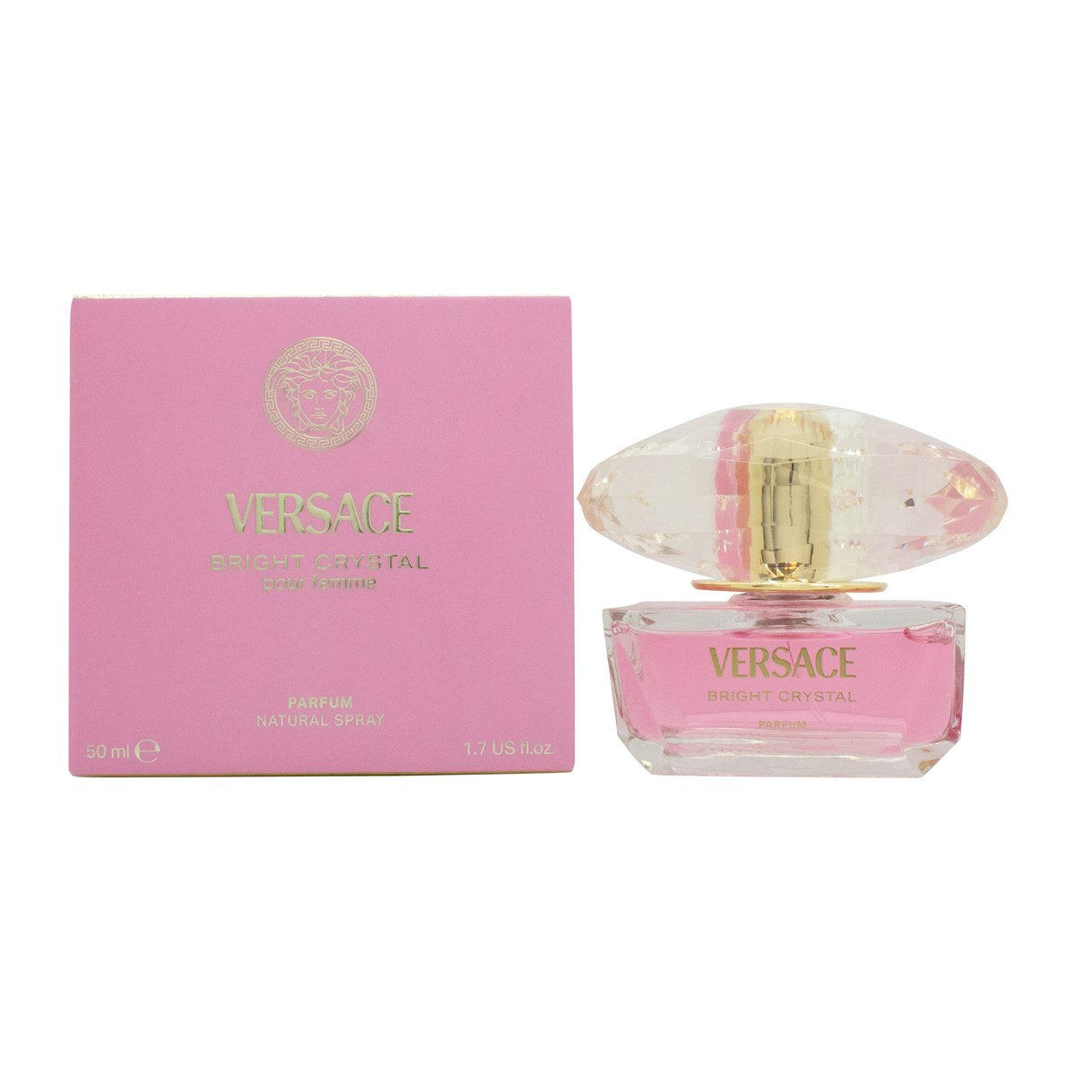 Versace Bright Crystal Parfum Eau De Parfum, Versace 50 ml klar glasflakon med lyserød væske og facetslebet krystalknop