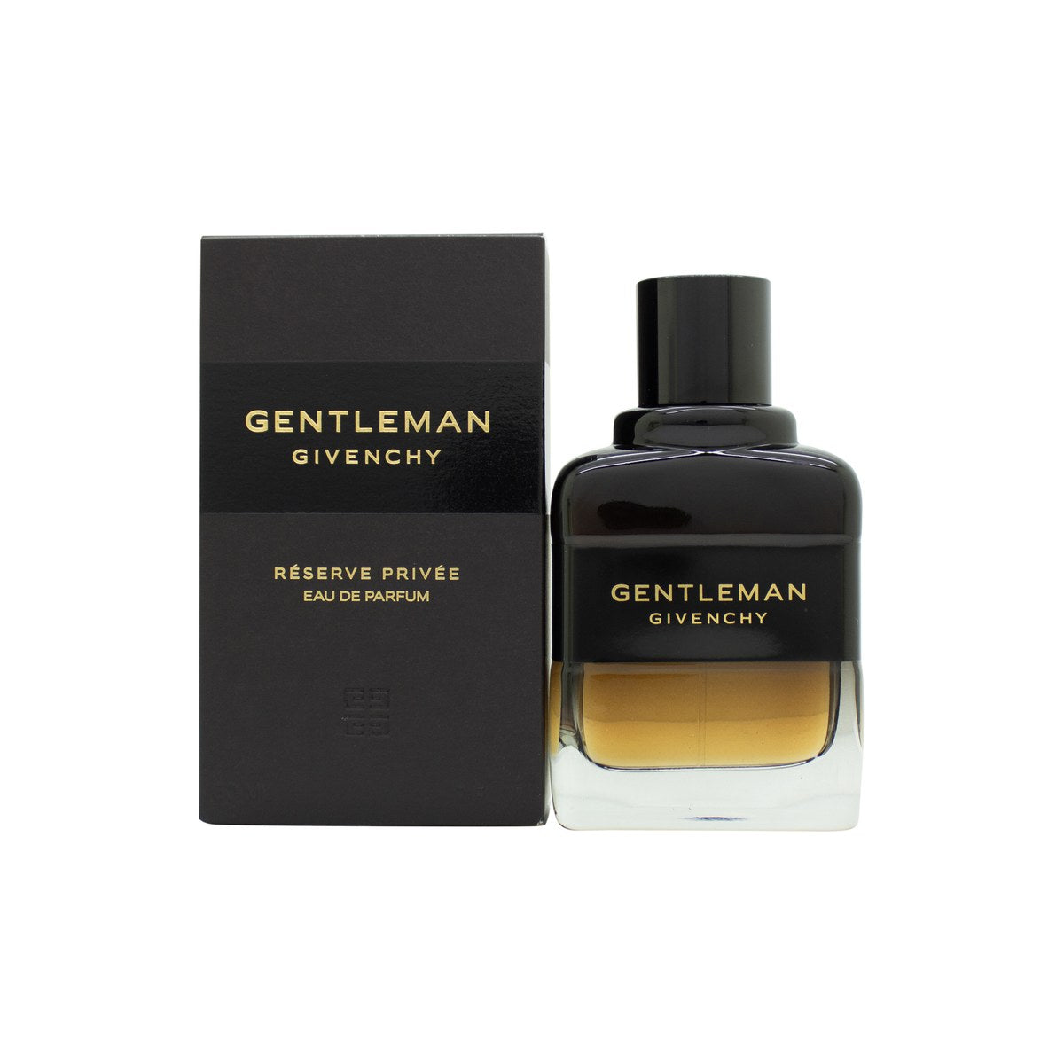 Givenchy Gentleman Reserve Privée Eau de Parfum, Givenchy, 60 ml – mørk ravfarvet glasflaske med sort laklåg og sølvlogo.
