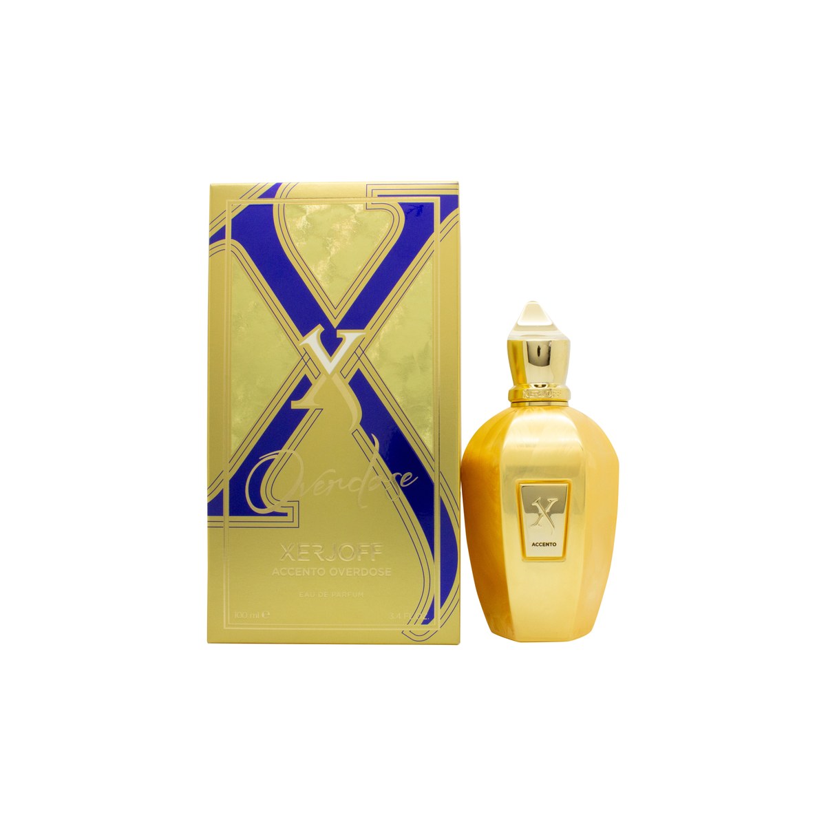 Xerjoff Accento Overdose Eau de Parfum, Xerjoff, 100 ml – turkis flakon med fløjlsoverflade og guldfarvet hætte og emblem