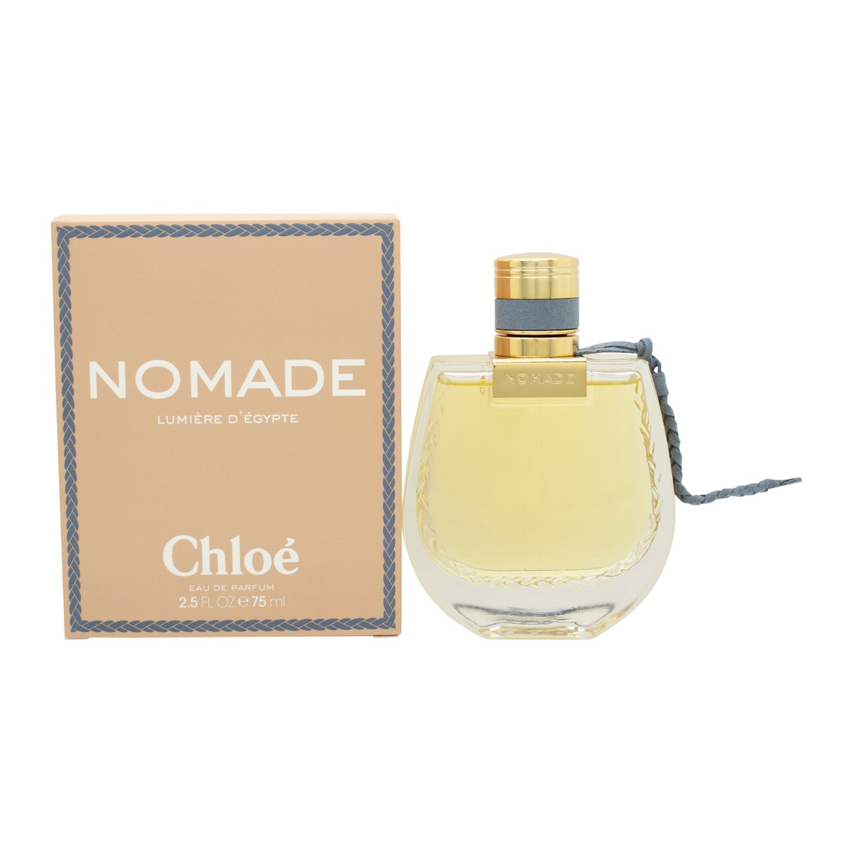 Chloé Nomade Lumiere d'Egypte Eau de Parfum, Chloé, 75 ml – gylden glasflakon med rund form, riflet låg og bånddetalje