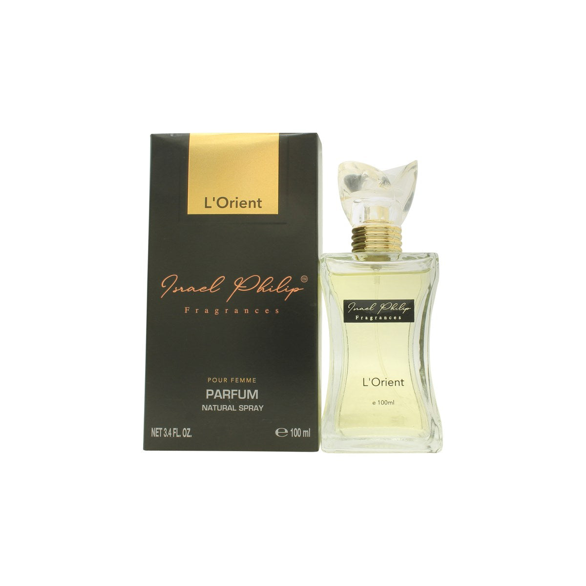 Israel Philip L'orient Eau de Parfum 100ml fra Israel Philip, rektangulær klar glasflaske med gylden etikette og sort låg.