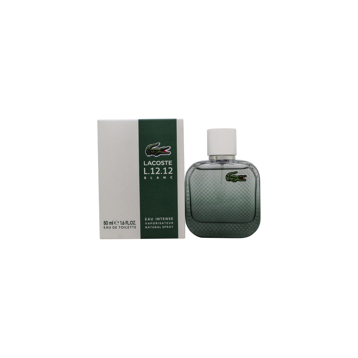 Lacoste L.12.12 Blanc Eau Intense Eau de Toilette 50 ml fra Lacoste, hvid cylindrisk flakon med sølvkapsel og grønt krokodillelogo.