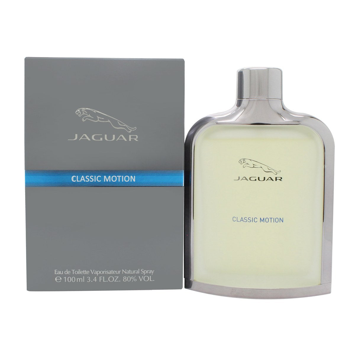 Jaguar Classic Motion Eau de Toilette 100ml, Jaguar 100 ml, grøn buet glasflaske med sølvfarvet låg og logo.