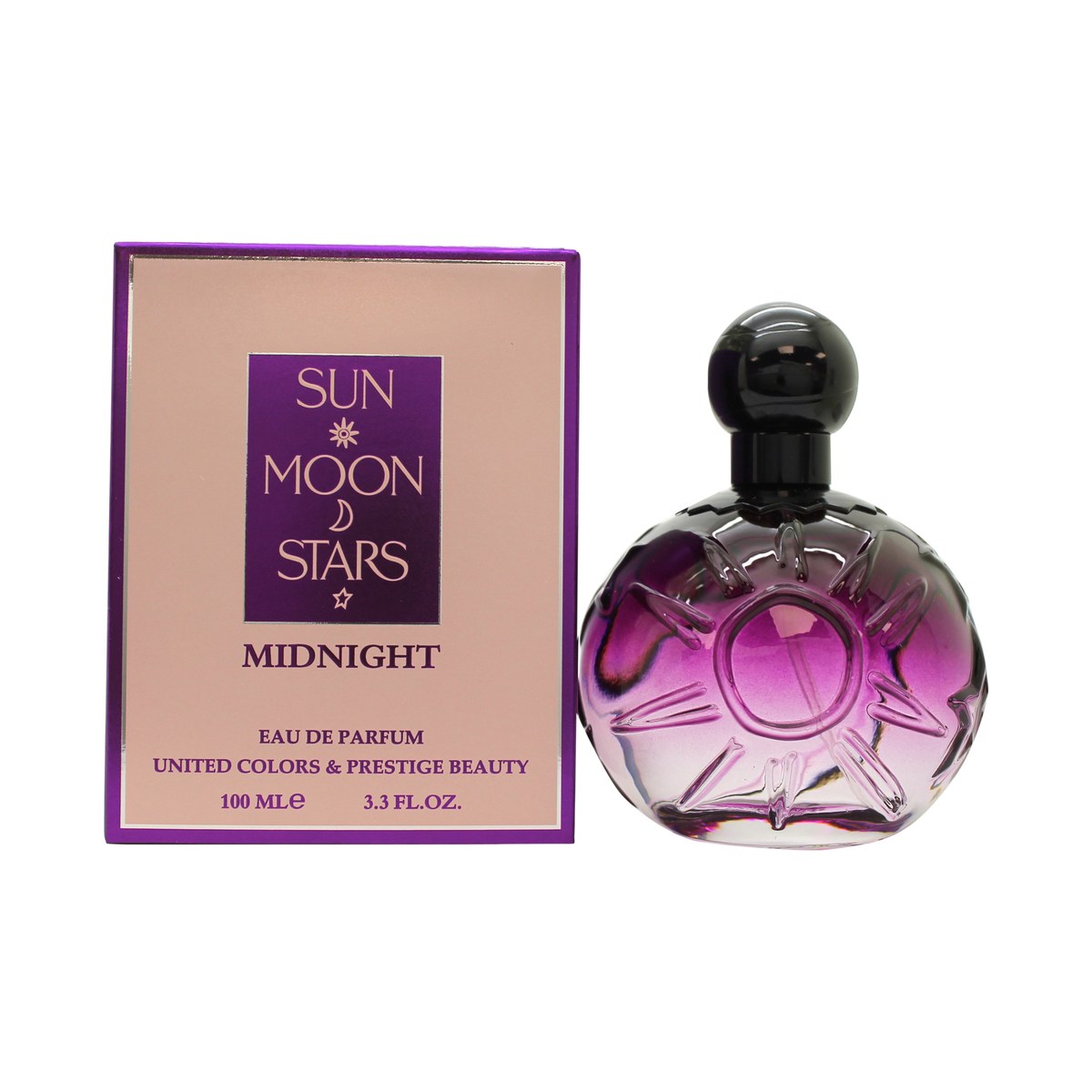 United Colors & Prestige Beauty Sun Moon Stars Midnight Eau de Parfum 100 ml, mørkeblå flakon med stjerner og måne