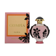 Paco Rabanne Olympéa Flora Eau de Parfum Intense 80 ml flakon i rosa glas med sort kork og blomstrede detaljer