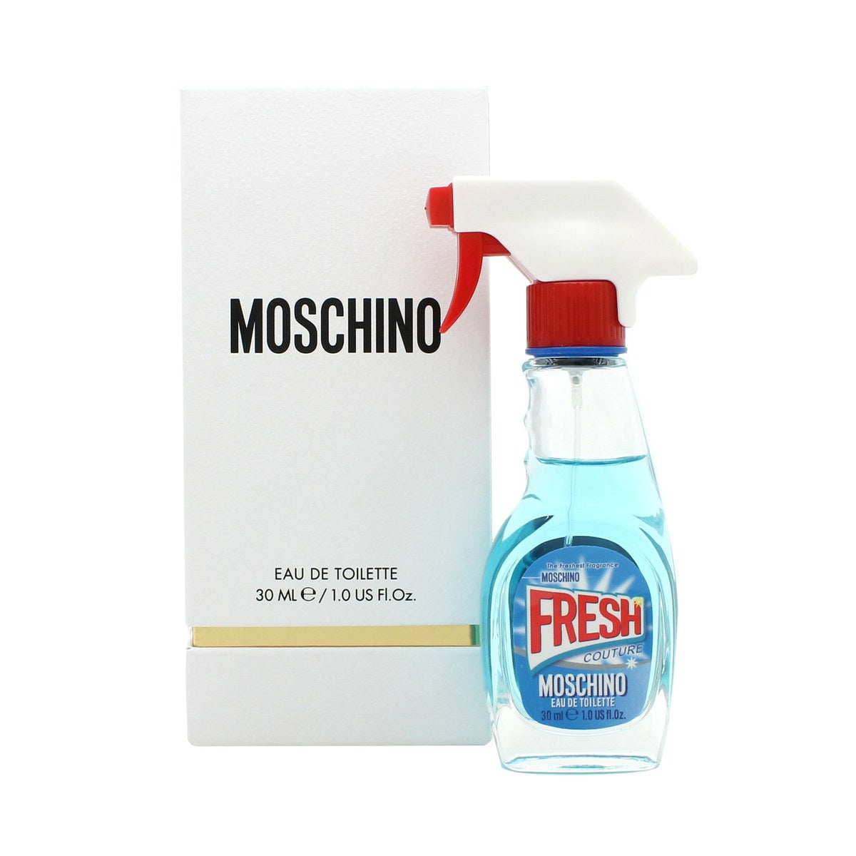 Fresh Couture Eau De Toilette Moschino 30 ml, klar rengøringsspray‑formet flaske med lyseblå duft og sort sprayhoved