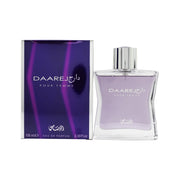 Rasasi Daarej Pour Femme Eau de Parfum 100ml fra Rasasi i 100 ml slank lilla glasflaske med sølvdetaljer og buet låg