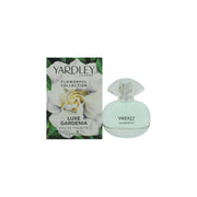 Yardley Luxe Gardenia Eau de Toilette 50 ml – klar glasflaske med hvidt blomstermotiv og sølvfarvet låg