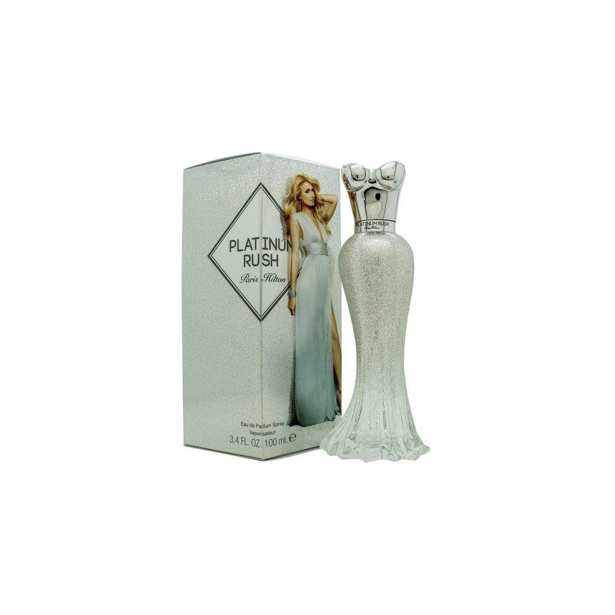 Paris Hilton Platinum Rush Eau de Parfum 100 ml, Paris Hilton – sølvfarvet, facetteret flakon i kjoleform med spejlfinish.