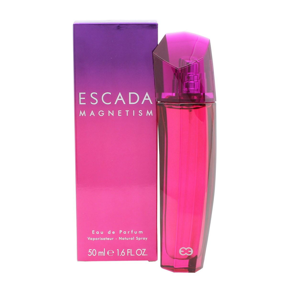Magnetism Eau De Parfum Escada 50 ml i fuchsiafarvet, facetteret glasflaske med sort låg og elegant, feminin form