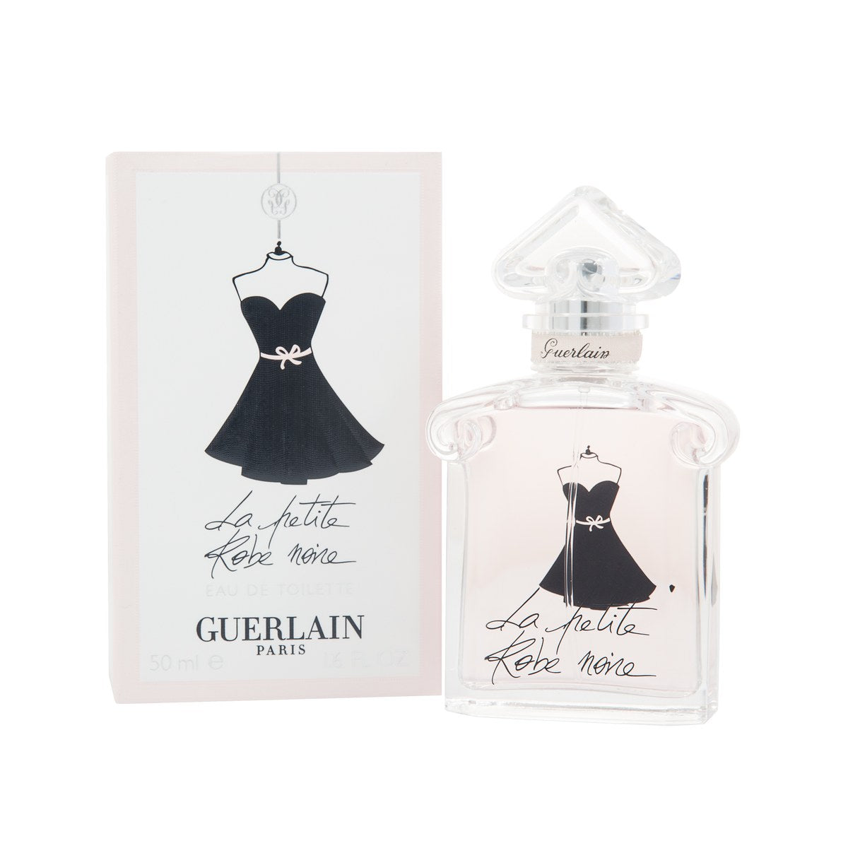 Guerlain La Petite Robe Noire Eau de Toilette 50 ml – hjerteformet flakon i klart glas med sort kjolemotiv og blid rosa væske