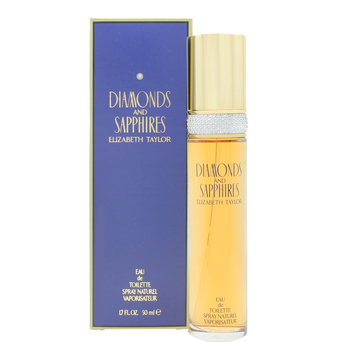 Elizabeth Taylor Diamonds & Sapphires Eau de Toilette, Elizabeth Taylor, 50 ml – klar facetslebet flakon i glas med guldkantet hætte og lys blå væske.