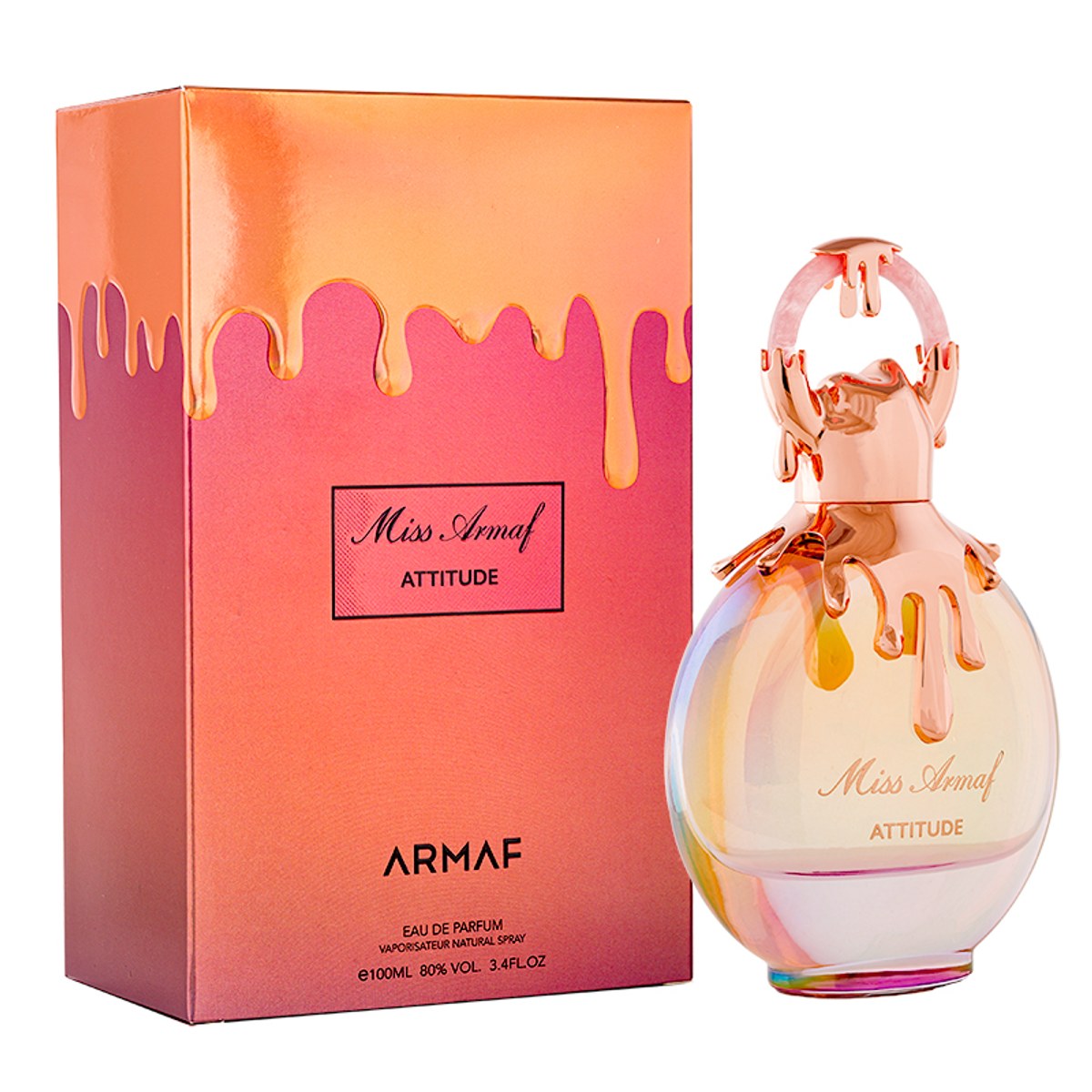 Miss Armaf Attitude Eau De Parfum 100ml fra Armaf, 100 ml i lyserød rektangulær glasflakon med guldfarvet låg