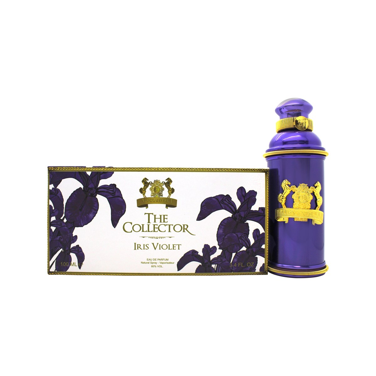 Alexandre.J Iris Violet Eau de Parfum 100 ml – lilla, rektangulær flakon i metal med gulddetaljer og oval medaljon