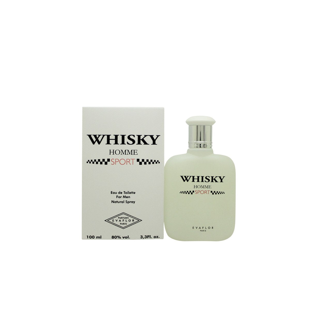 Evaflor Whisky Homme Sport Eau de Toilette 100 ml – klar blåtonet glasflaske med sølvfarvet kapsel og sporty design