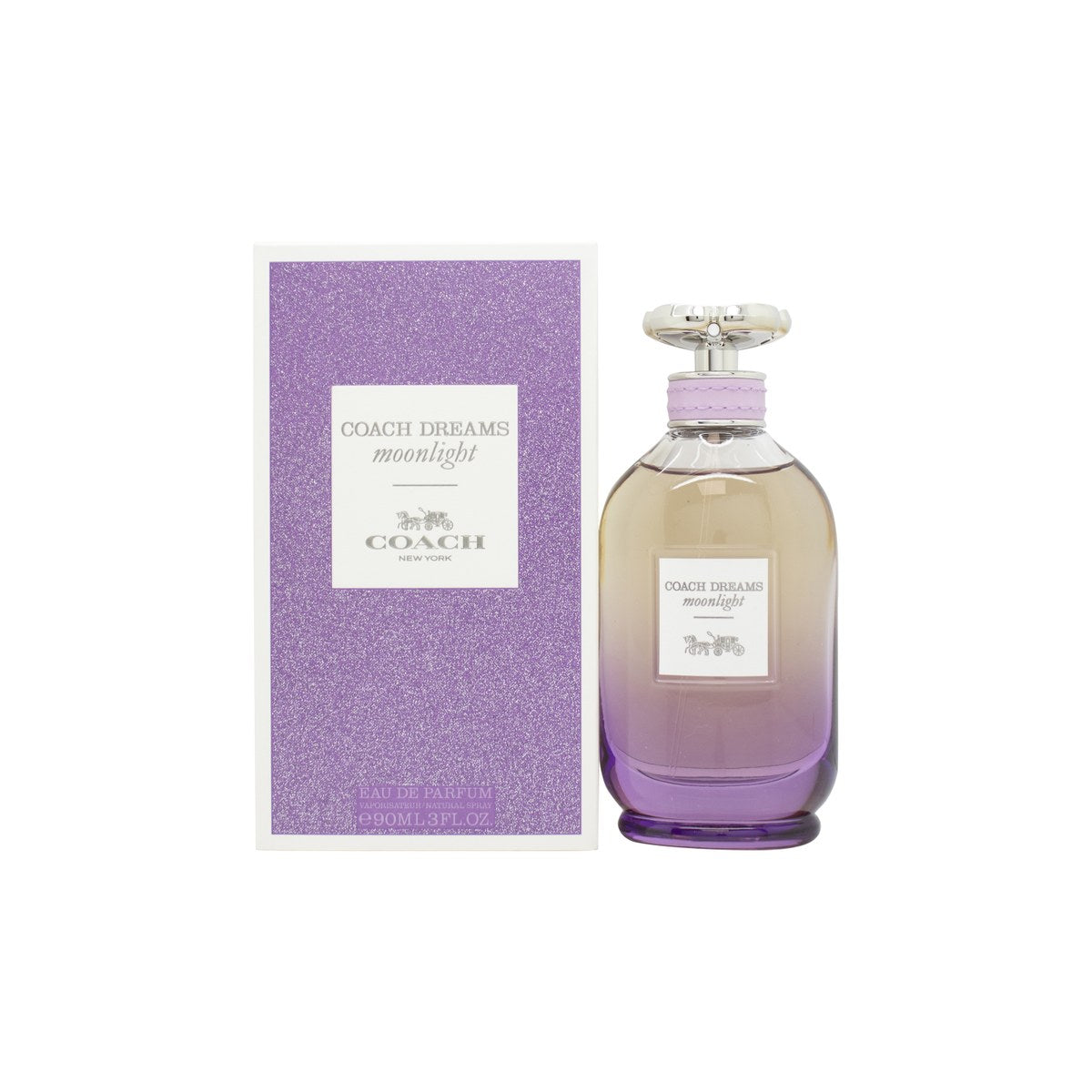 Coach Dreams Moonlight Eau De Parfum 90 ml, lilla gradientflakon i apotekerstil med sølvsprayer formet som rose