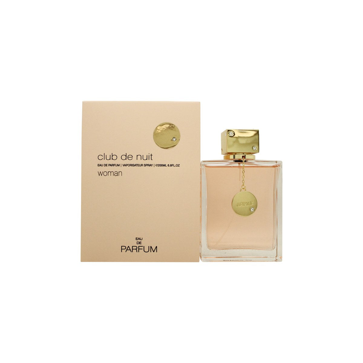Club De Nuit Woman Eau De Parfum Armaf 200 ml, rosa flakon i firkantet glas med sølvfarvet låg og dekorativ kædedetalje