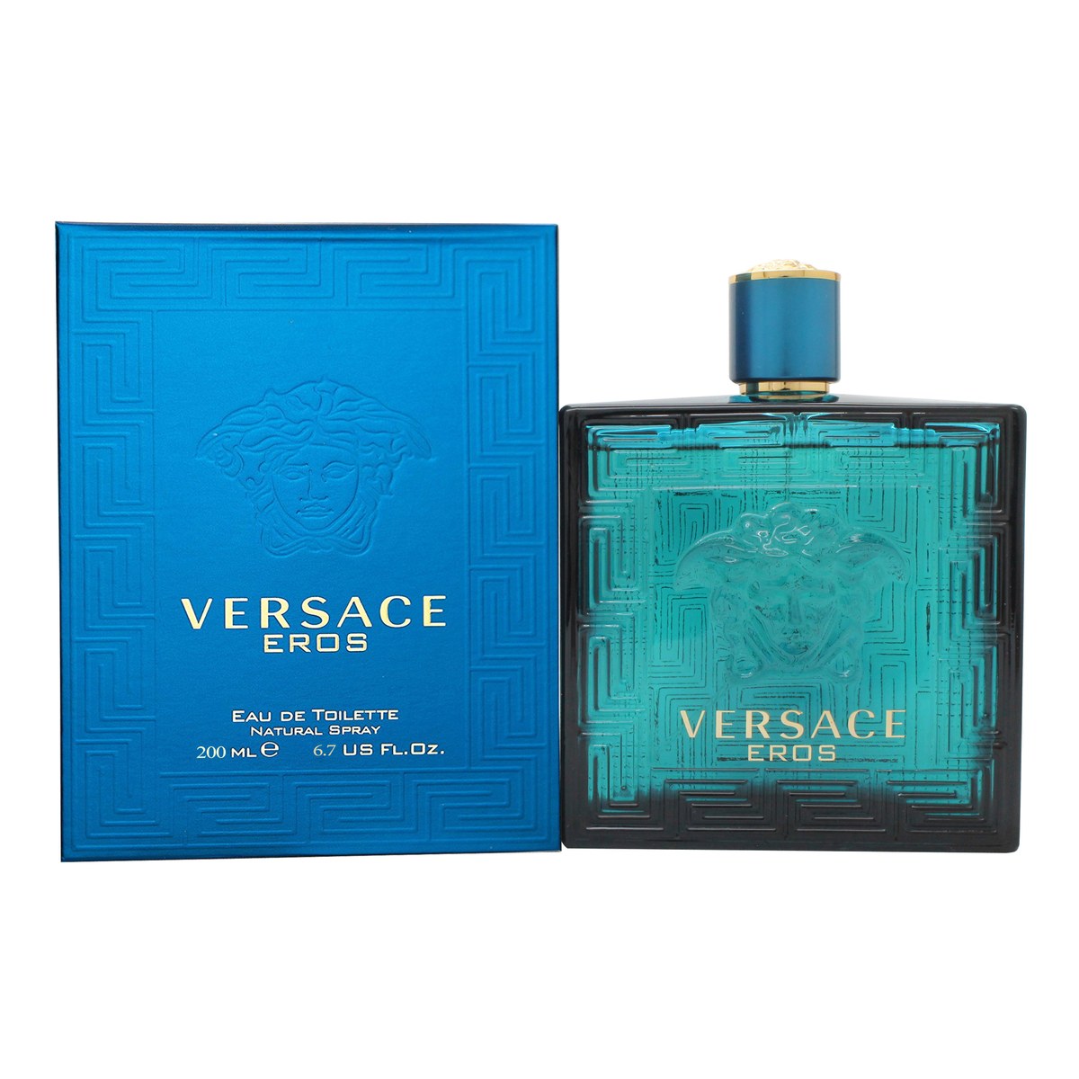 Versace Eros Eau De Toilette Versace 200 ml – blå glasflaske med firkantet form, græsk frise og Medusa-logo