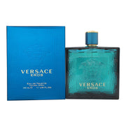 Versace Eros Eau De Toilette Versace 200 ml – blå glasflaske med firkantet form, græsk frise og Medusa-logo