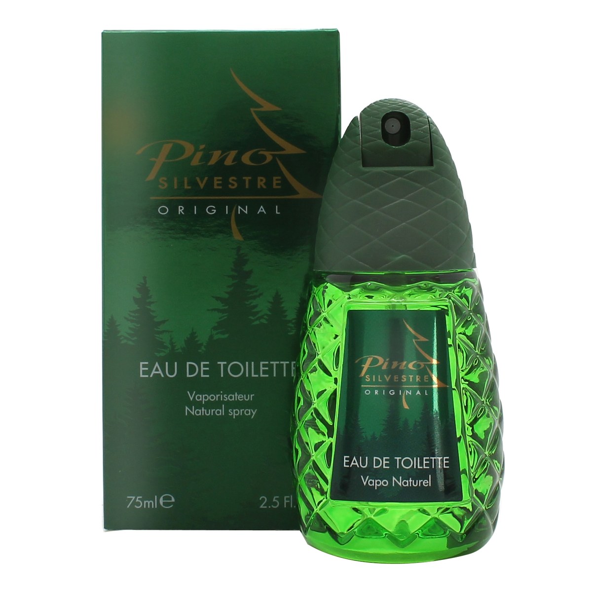 Pino Silvestre Original Eau de Toilette 75 ml – grøn fyrrekogleformet glasflaske med detaljeret overflade og sølvfarvet kork